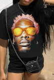 Black Casual Street Figure Print O Neck T-Shirts