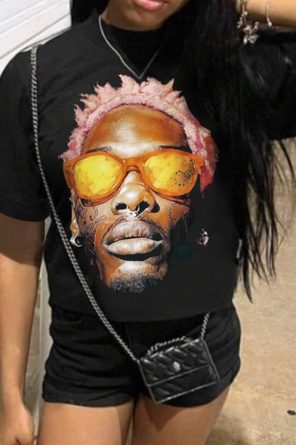 Black Casual Street Figure Print O Neck T-Shirts