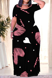Black Casual Striped Print Love Print Contrast O Neck Printed Plus Size Dresses