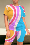 Khaki Casual Daily Striped Print Love Print Contrast O Neck Short Sleeve Two Pieces