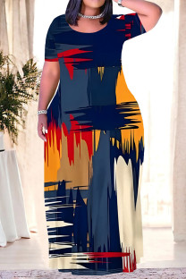 Blue Casual Striped Print Love Print Contrast O Neck Printed Plus Size Dresses