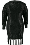 Black Street Solid Color Fringed Trim Sequins Patchwork Zipper V Neck Wrapped Skirt Plus Size Dresses