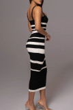 Camel Sexy Stripe Patchwork Backless Contrast Square Neck Wrapped Skirt Dresses