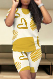 Khaki Casual Daily Striped Print Love Print Contrast O Neck Short Sleeve Two Pieces
