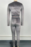 Silver Gray Casual Solid Color Patchwork O Neck Long Sleeve Two Pieces