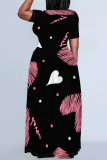 Multicolor Casual Striped Print Love Print Contrast O Neck Printed Plus Size Dresses