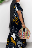 Light Yellow Elegant Print Pocket Patchwork V Neck Long Dresses