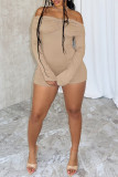 Army Green Sexy Solid Color Patchwork Ruched Off Shoulder Skinny Rompers