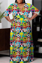 Cartoon Casual Print Basic V Neck Long Plus Size Dresses