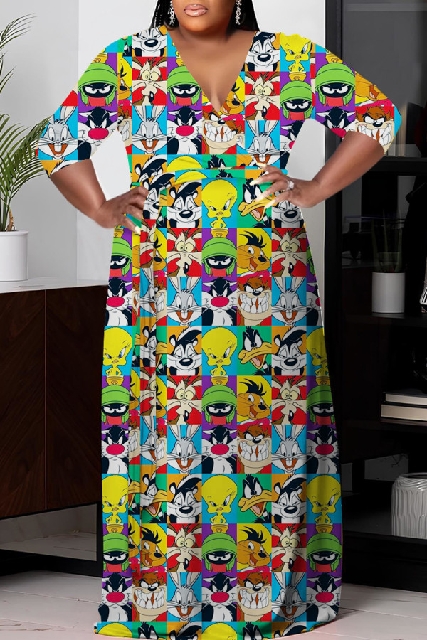 Cartoon Casual Print Basic V Neck Long Plus Size Dresses