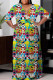 Cartoon Casual Print Basic V Neck Long Plus Size Dresses