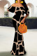 Khaki Elegant Print Patchwork Backless Ruffled Trim Off Shoulder Long Dresses
