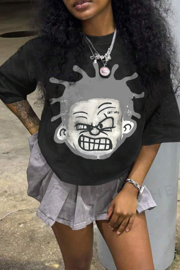 Black Casual Street Cartoon Print O Neck T-Shirts