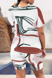 Khaki Casual Daily Striped Print Love Print Contrast O Neck Short Sleeve Two Pieces