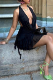Black Sexy Solid Color Patchwork Backless Ruched Stringy Selvedge Halter Sleeveless Two Pieces