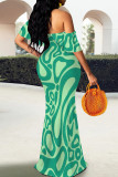 Blue Elegant Stripe Patchwork Backless Off Shoulder Long Dresses