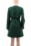 Green Celebrities Solid Color Draw String Patchwork Ruched O Neck Straight Dresses