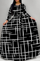 Black And White Elegant Print Patchwork Strap Design O Neck A Line Dresses