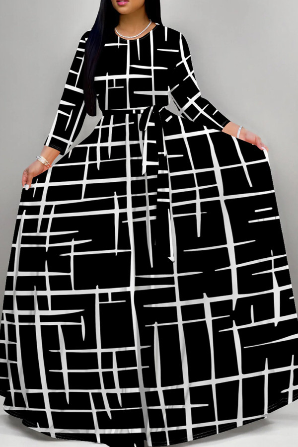 Black And White Elegant Print Patchwork Strap Design O Neck A Line Dresses