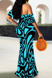 Blue Elegant Stripe Patchwork Backless Off Shoulder Long Dresses