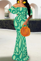 Cyan Green Elegant Stripe Patchwork Backless Off Shoulder Long Dresses