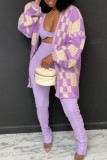Purple Casual Plaid Cardigan Outerwear
