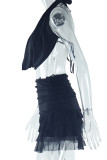 Black Sexy Solid Color Patchwork Backless Ruched Stringy Selvedge Halter Sleeveless Two Pieces