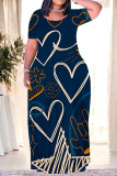 Multicolor Casual Striped Print Love Print Contrast O Neck Printed Plus Size Dresses