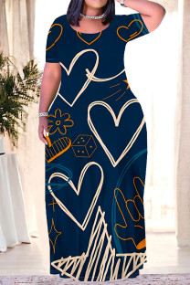 Tibetan Blue Casual Striped Print Love Print Contrast O Neck Printed Plus Size Dresses