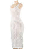 White Elegant Solid Color Patchwork U Neck Wrapped Skirt Dresses