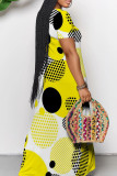 Light Yellow Elegant Print Pocket Patchwork V Neck Long Dresses