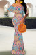 Powder Blue Elegant Print Patchwork Backless Off Shoulder Long Dresses