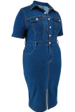 Blue Street Solid Color Pocket Buckle Patchwork Turndown Collar Wrapped Skirt Plus Size Dresses
