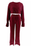 Burgundy Casual Solid Color Patchwork O Neck Long Sleeve Two Pieces