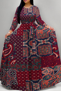 Burgundy Elegant Print Patchwork Strap Design O Neck A Line Dresses