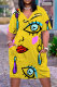 Yellow Casual Print Pocket V Neck Short Sleeve Plus Size Dresses