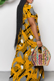 Light Yellow Elegant Print Pocket Patchwork V Neck Long Dresses