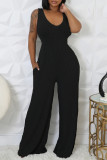 Black Street Solid Color Pocket Patchwork Backless V Neck Sleeveless Two Pieces