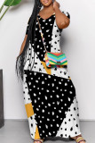 Light Yellow Elegant Print Pocket Patchwork V Neck Long Dresses