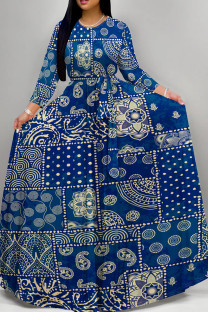 Blue Elegant Print Patchwork Strap Design O Neck A Line Dresses