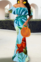 Sky Blue Elegant Print Patchwork Backless Off Shoulder Long Dresses