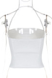 Black Sexy Solid Color Patchwork Backless Zipper Halter Tops