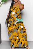 Light Yellow Elegant Print Pocket Patchwork V Neck Long Dresses