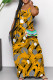Yellow Elegant Print Pocket Patchwork V Neck Long Dresses
