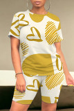 Khaki Casual Daily Striped Print Love Print Contrast O Neck Short Sleeve Two Pieces