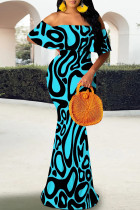 Blue Elegant Stripe Patchwork Backless Off Shoulder Long Dresses