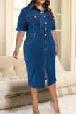 Blue Street Solid Color Pocket Buckle Patchwork Turndown Collar Wrapped Skirt Plus Size Dresses