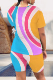 Khaki Casual Daily Striped Print Love Print Contrast O Neck Short Sleeve Two Pieces