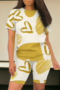 Yellow Casual Daily Striped Print Love Print Contrast O Neck Short Sleeve Two Pieces