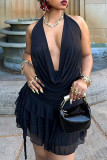 Black Sexy Solid Color Patchwork Backless Ruched Stringy Selvedge Halter Sleeveless Two Pieces